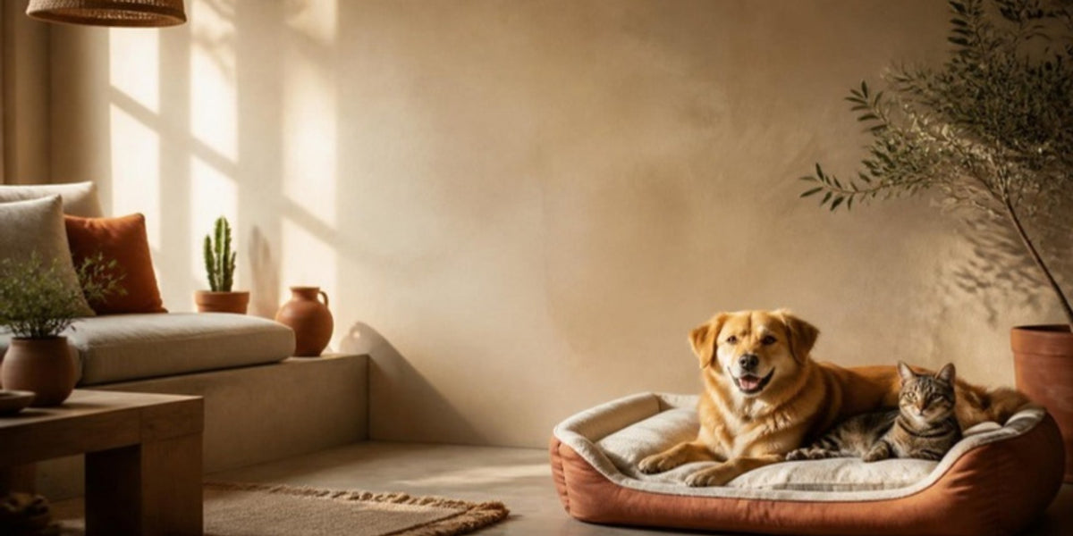 Perro y gato descansando juntos en una sala cálida